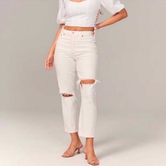 Abercrombie & Fitch High Rise Mom Jeans White Distressed Women’s Size 24/00 - Picture 1 of 8